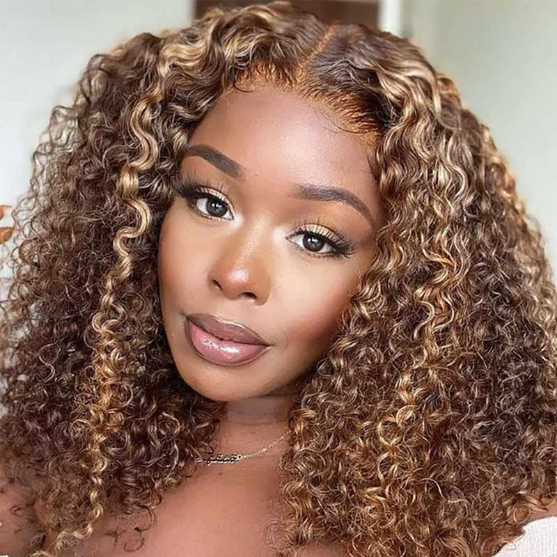 Brazilian Hair Brown With Strawberry Blonde Highlights Curly Bob Lace Front Wigs With Pre Plucked Baby Hair - Perismoda Hair